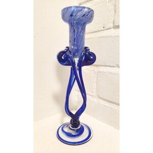 Vintage Cobalt Blue Art Glass Candle Holder: Hand-Blown Swirl Design